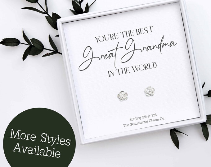 Best Great Grandma In The World Keepsake - Sterling Silver Stud Earrings for Great Grandma Birthday Gift - Simple Earrings with Quote Card