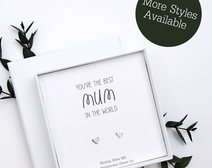 World's Best Mum Jewellery Gift for Her – Sterling Silver 925 Earrings Studs with Quote Card - Mothers Day Gift from Daughter or Son - 0112B