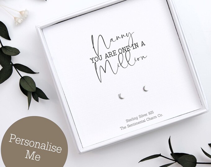 One in A Million Nanny  Gift - Sterling 925 Silver Stud Earrings Keepsake - Personalised Quote Jewellery for Nanny  – Simple Studs for Her