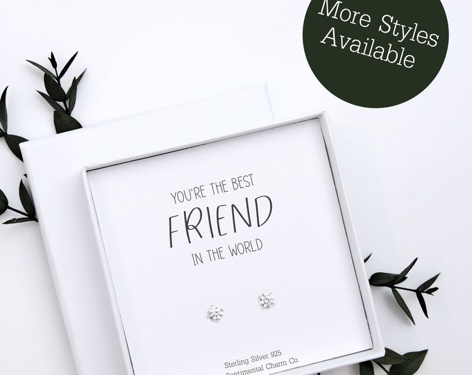 TSCC0109B Best Friend In The World Sterling Silver Studs Stud Earrings Birthday Present Friendship Gift Dainty Simple Diamonds Hearts Knots