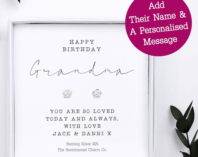 Personalised Birthday Earrings for Grandma – Sterling Silver Studs – Grandma Keepsake Gift for Her – Grandma Jewellery with Custom Message