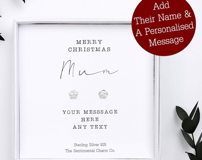 Christmas Gift for Mum – Personalised Sterling Silver 925 Stud Earrings – Merry Christmas Mother Jewellery – Mummy, Step Mum Xmas Present