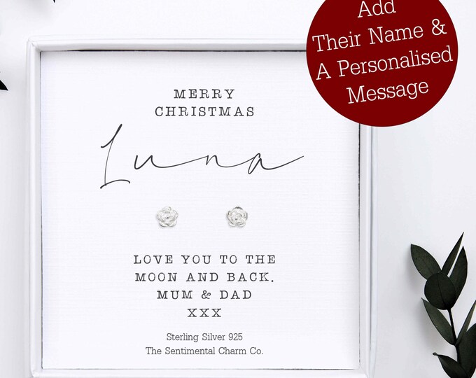 Christmas Daughter Gift – Personalised Sterling Silver 925 Stud Earrings – Merry Christmas Jewellery for Daughter, Step or Daughter-in-Law