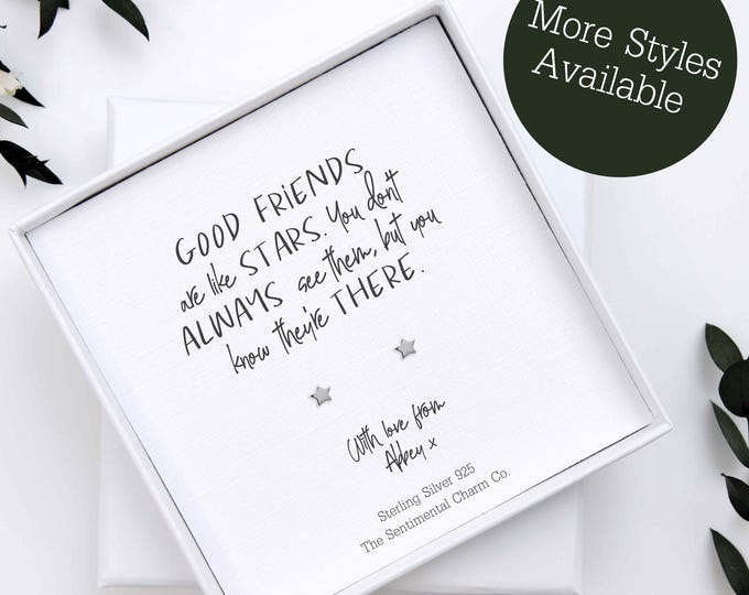 Good Friends Are Like Stars Quote Sterling Silver Geometric Stud Earring Studs | Celestial Gift for Friend Birthday Friendhship | TSCC0432