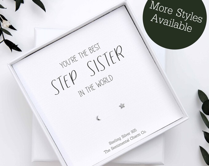 Worlds Best Step Sister Jewellery Gift for Her – Sterling Silver 925 Earrings Studs with Quote Card – Earring Gift for Step Sister Keepsake