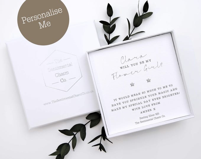 TSCC0392 Personalised Will You Be My Flower Girl Proposal Silver Studs Stud Earrings Gift Dainty Simple Diamonds Hearts Bride Tribe Squad
