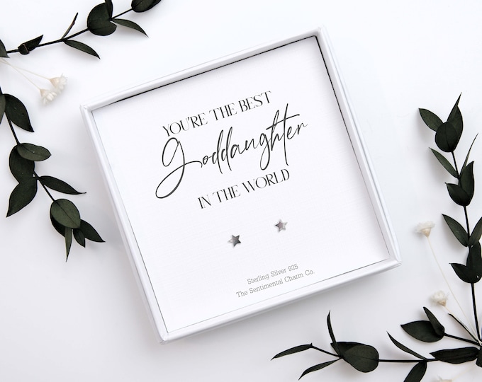 TSCC0133A Best Goddaughter The World Sterling Silver Stud Earrings Birthday Present Gift Everyday Plain Pearls Infinity Stars Moons