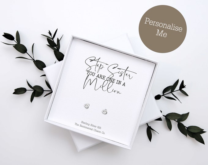 TSCC0136A Step Sister Personalised One In A Million Silver Stud Earrings Any Name Birthday Present Gift Cute Simple Hearts Stars Knots