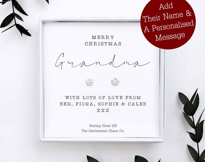 TSCC0209 Personalised Merry Christmas Gift for Grandma Earrings Sterling Silver 925 Studs Christmas Gran Grandmother Quote Jewellery Xmas