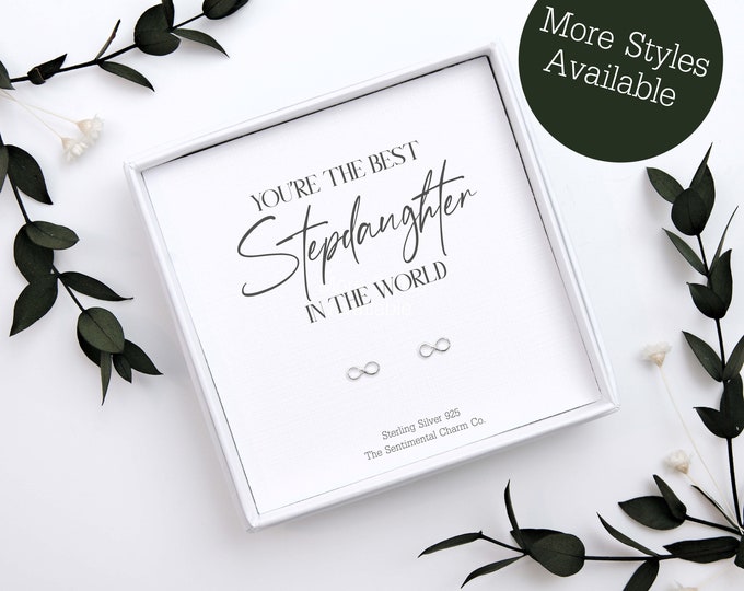 TSCC0127A Best Stepdaughter The World Sterling Silver Stud Earrings Birthday Present Gift Everyday Plain Pearls Infinity Stars Moons