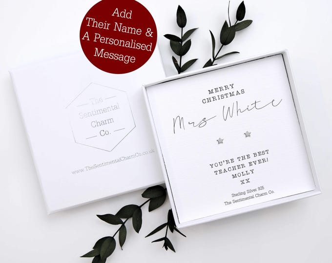 TSCC0219 Personalised Merry Christmas Gift for Teacher Earrings Sterling Silver 925 Studs School Teacher End of Term Present Jewellery
