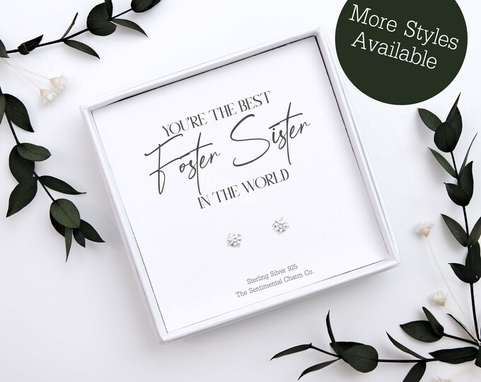 TSCC0106A Best Foster Sister In The World Sterling Silver Stud Earrings Birthday Present Gift Everyday Plain Pearls Infinity Stars Moons