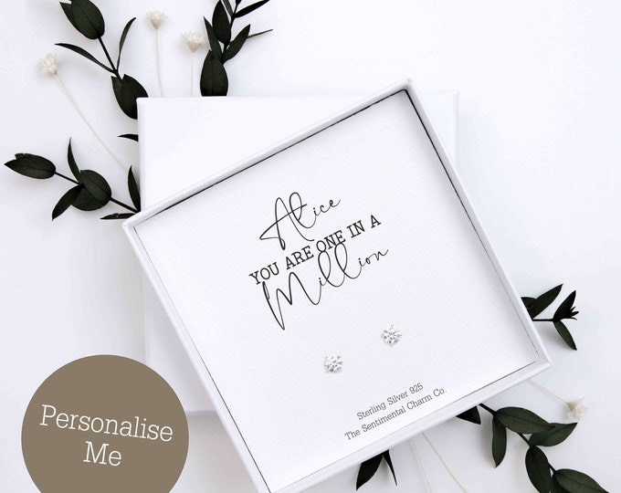 TSCC0135A Sister Personalised One In A Million Silver Stud Earrings Any Name Birthday Present Gift Cute Simple Hearts Stars Knots