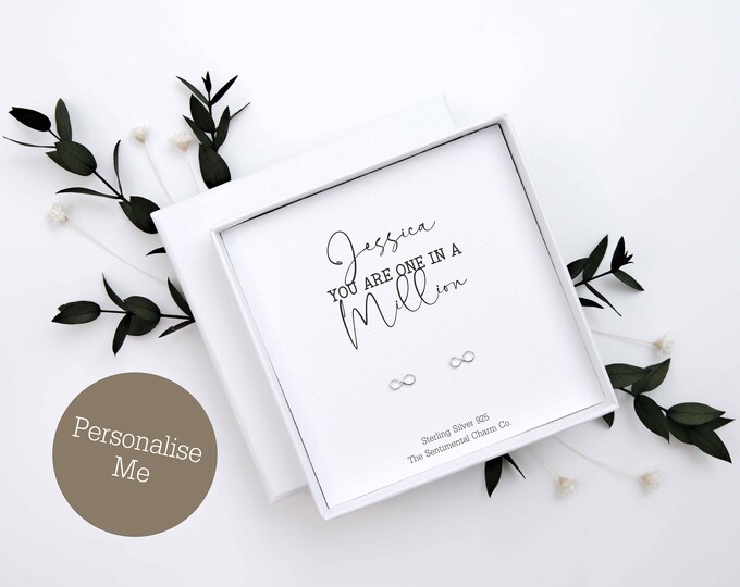 TSCC0139A Foster Sister Personalised One In A Million Silver Stud Earrings Any Name Birthday Present Gift Cute Simple Hearts Stars Knots