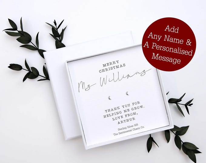 TSCC0220 Personalised Merry Christmas Gift for Teaching Assistant Earrings Sterling Silver 925 Studs Classroom Quote Jewellery Xmas Present