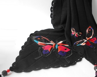 Knitted Black Shawl with Butterfly Appliques and Tassels, Evening Shawl