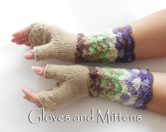 Fingerless gloves, Knitted Striped gloves, Fingerless Hand Warmers, Beige, Brown, Green, Violet, Purple, White Wrist Warmers, Christmas gift