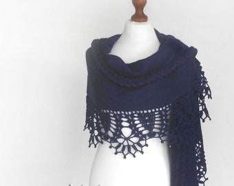 Wedding wrap dark blue, bridal shawl, bridal cover up, wedding bolero, blue crochet shawl, capelet, bridal cape, bridesmaid shawl, plus size