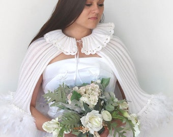 White bridal cape, wedding wrap, bridal cover up, bridal shawl, wedding bolero, white shrug, knitted shawl, white capelet, bridesmaid shawl