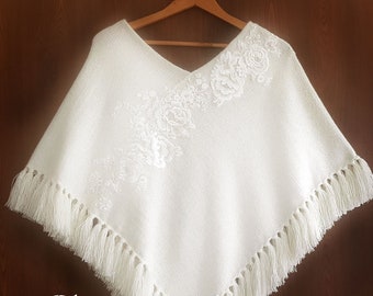 Poncho de mariée ivoire Poncho de mariage Poncho en laine Poncho tricoté Châle Wrap Cover Up Shrug Capelet Cape boléro étole Mariage Ivoire