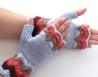 Fingerlose Handschuhe, hellblaue gestrickte Handwärmer, fingerlose Handschuhe, Pulswärmer, gehäkelte Mädchenhandschuhe, Herbst Winter fingerlose Handschuhe