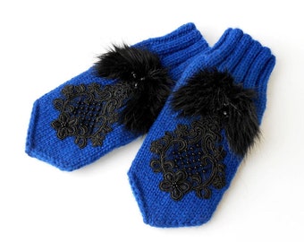 Mitaines tricotées à la main bleues Mitaines brodées Mitaines d’hiver Mitaines chaudes tricotées Mitaines bleues pour femmes Mitaines pour filles Mitaines bleu royal