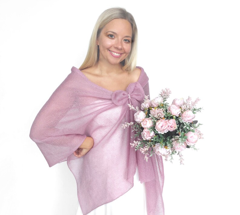 Shoulder scarf dusty mauve mohair and silk, wedding wrap dusty pink, bridal shawl, bridal cover up, knitted capelet, cape, bridesmaid shawl image 5