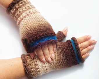 Brown beige turquoise fingerless hand warmers, ombre wrist warmers, fall fingerless gloves, Christmas gift, gift for her, gift for women