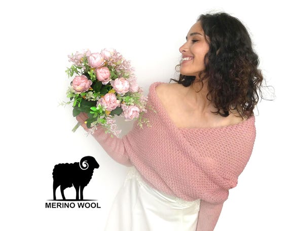 Merino Wool Bridal Shrug – Convertible Wedding Bolero Wrap– Knit Cover Up, Dusty Rose