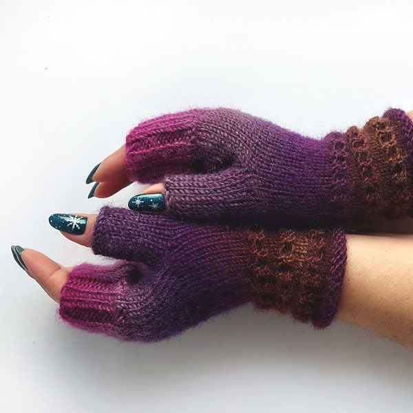 Purple and brown fingerless hand warmers, ombre wrist warmers, fall winter fingerless gloves, Christmas gift for her, gift for women