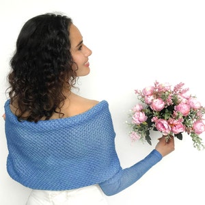 Blue bridal sweater merino wool, wedding jacket, bridal bolero, wedding wrap, shrug, cover up, wedding jacket, knitted scarf with arms blue image 2