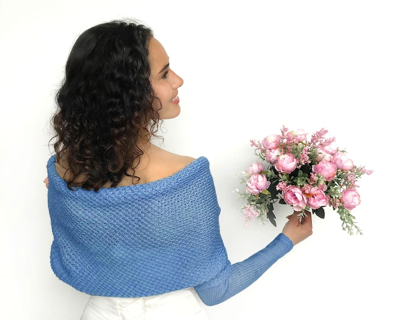 Blue bridal sweater merino wool, wedding jacket, bridal bolero, wedding wrap, shrug, cover up, wedding jacket, knitted scarf with arms blue image 2