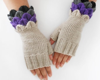 Mitaines beiges Gants tricotés et crochetés Mitaines chauffe-mains Beige violet chauffe-poignets Cadeau de Noël Cadeau pour femme