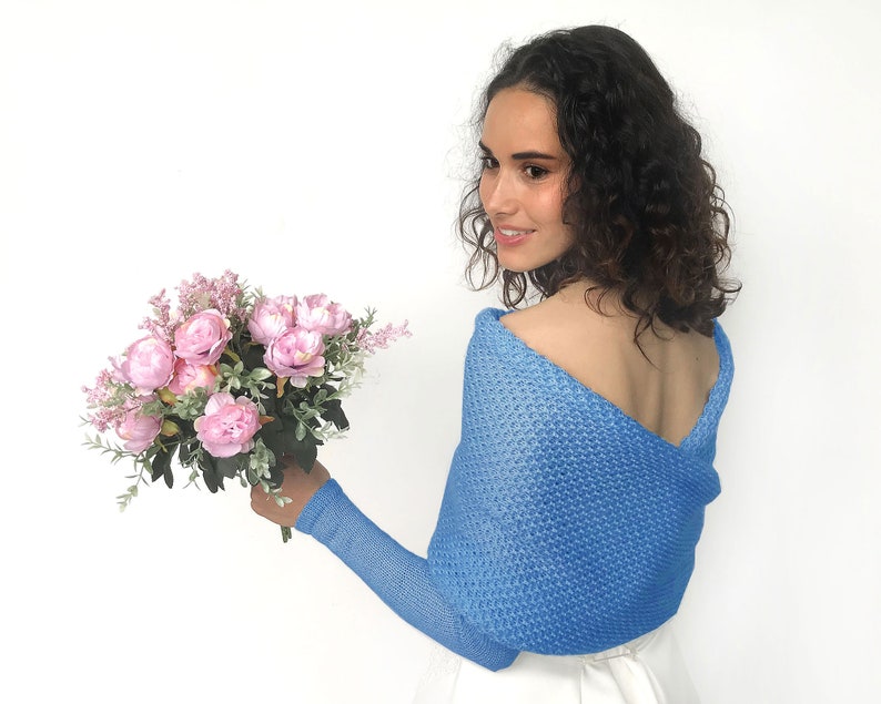 Blue bridal sweater merino wool, wedding jacket, bridal bolero, wedding wrap, shrug, cover up, wedding jacket, knitted scarf with arms blue image 6