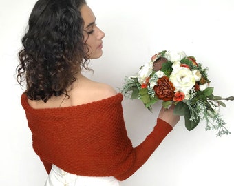 Rust Bridal Sweater, Convertible Wedding Jacket, Knitted Shrug Wedding Scarf, Cover Up, Wedding Jacket, Knitted Scarf with Arms Terracotta