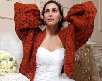 Braut-Strickjacke orange gebrannt, Mohair-Hochzeitsjacke, Brautpullover, Hochzeitsjacke, gestrickter Shrug, Braut-Mohairmantel, Strickpullover