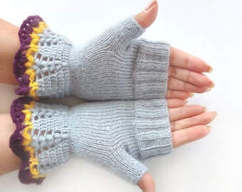 Light Gray Wool Fingerless Gloves: Knitted and Crochet Hand & Wrist Warmers