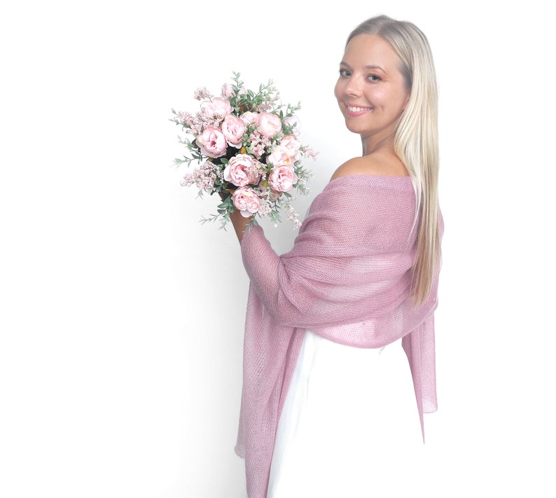 Shoulder scarf dusty mauve mohair and silk, wedding wrap dusty pink, bridal shawl, bridal cover up, knitted capelet, cape, bridesmaid shawl image 1