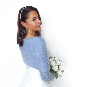 Giacca da sposa morbida azzurra, maglione da sposa, copertura, giacca da sposa, scrollata di spalle lavorata a maglia, maglione da sposa, sciarpa da sposa con braccia immagine 3