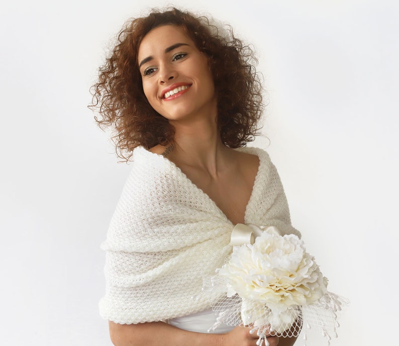 Ivory wedding wrap, bridal shawl, cover up, wedding bolero, ivory shrug, ivory knitted capelet, bridal cape, bridesmaid shawl, plus size too image 3