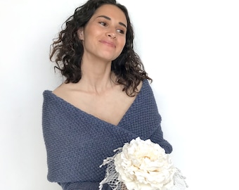 Jeans blue wedding jacket, convertible wedding sweater, navy blue cover up, wedding  jacket, knitted shrug, bridal scarf with arms blue