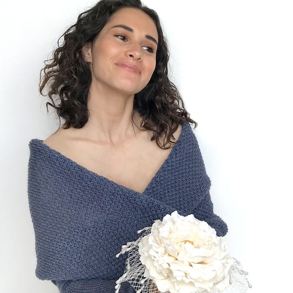 Giacca da sposa blu jeans, maglione da sposa convertibile, copricostume blu navy, giacca da sposa, scrollata di spalle lavorata a maglia, sciarpa da sposa con braccia blu