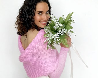 Giacca da sposa convertibile rosa, maglione da sposa convertibile, copertura rosa, giacca da sposa, scrollata di spalle lavorata a maglia rosa, sciarpa da sposa con braccia
