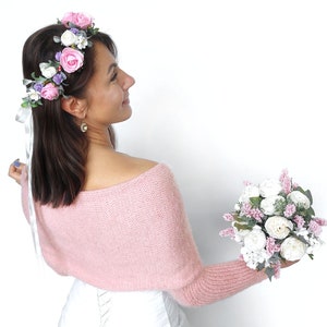 Veste de mariage rose clair, pull de mariage, tenue vestimentaire, veste de mariage, haussement d'épaules tricoté, pull de mariée, écharpe de mariée avec bras image 2