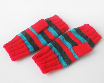 Knitted Striped Fingerless Gloves: Red Hand Warmers