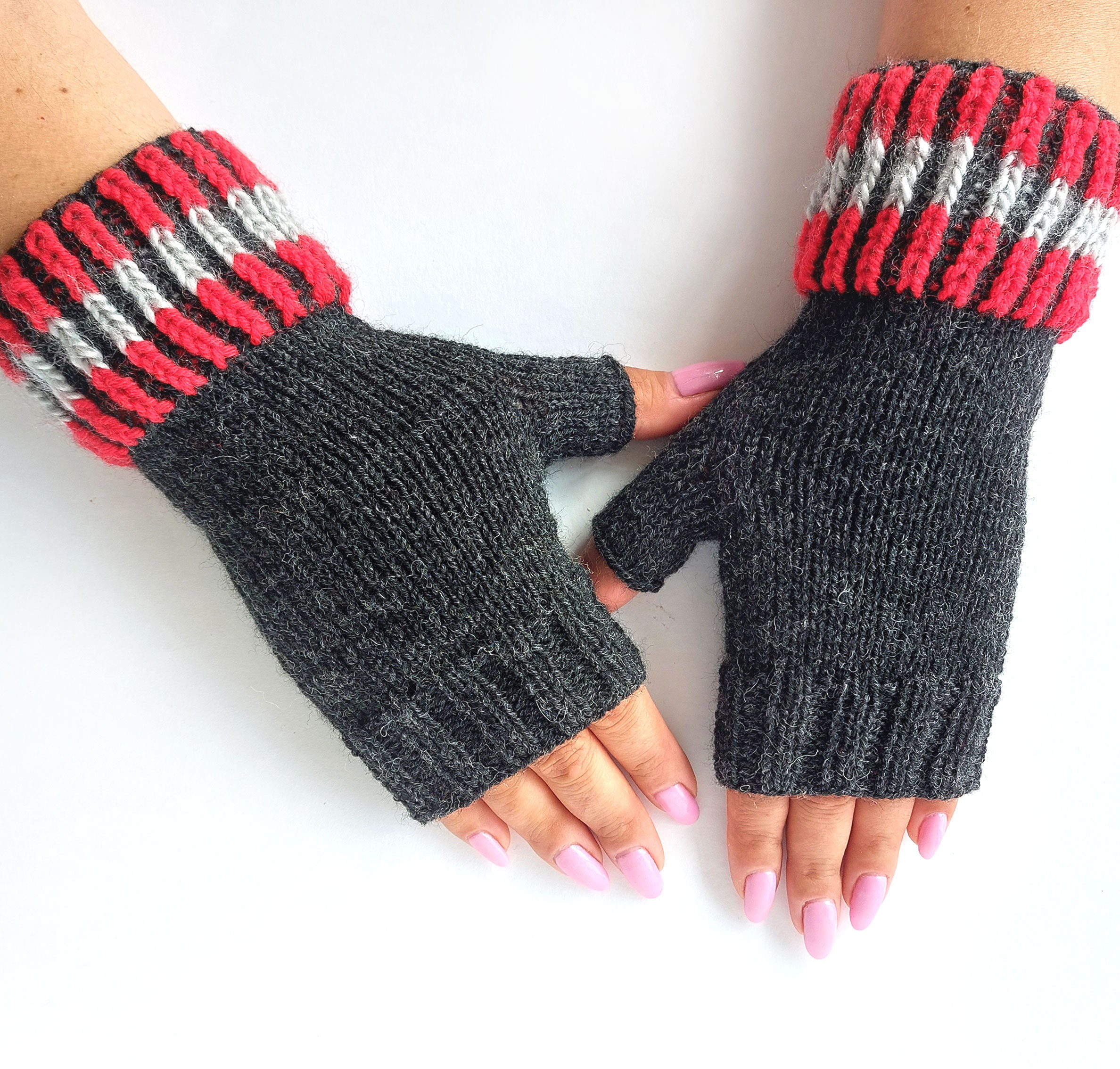 Black Knitted Fingerless Gloves: Red & Black Wrist Warmers - Etsy