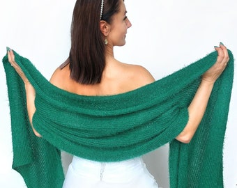 Emerald green bridal shawl , knitted shawl, wedding shawl, evening shawl, cover up, stole, vegan shawl for winter wedding plus size too