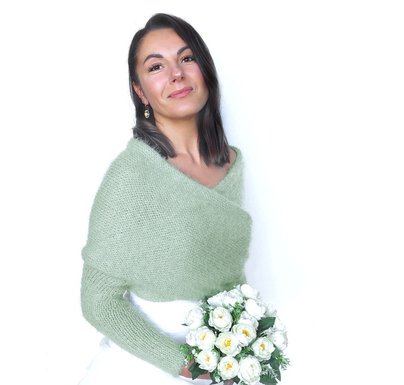 Veste de mariage convertible vert sauge, pull de mariage, camouflage, veste de mariage, haussement d'épaules tricoté, pull de mariée, écharpe de mariée avec bras image 2