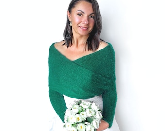 Chaqueta de boda convertible verde esmeralda, suéter de boda, encubrimiento, chaqueta de boda, encogimiento de hombros de punto, suéter de novia, bufanda nupcial con brazos