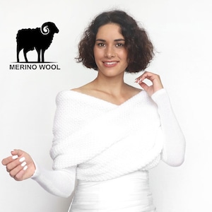Merino wool bridal sweater, convertible wedding jacket, convertible wedding scarf, cover up, wedding jacket, knitted scarf with arms